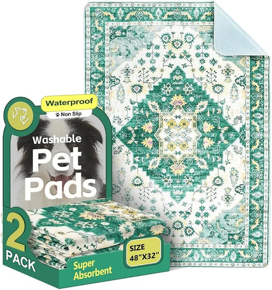 Washable Pee Pads for Dogs, 2 Pack Reusable Puppy Training Pads 48"x32" Super Absorbent Waterproof Dog Training Pads, Non-Slip Potty Pads, Whelping Pads Litter Mat Green Medallion