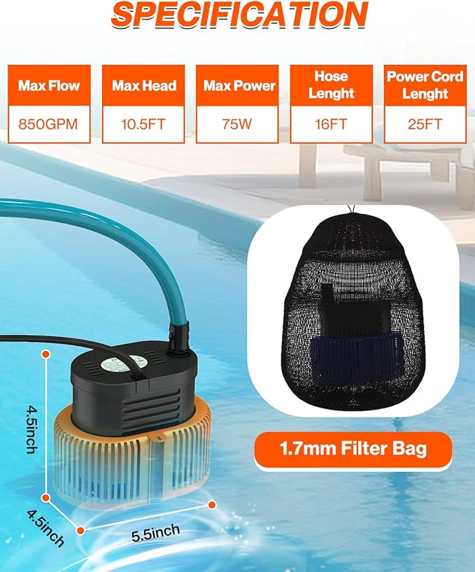 Pool Cover Pump above Ground - Submersible Water Sump Pump Swimming Water Removal Pumps, with Drainage Hose & 25 Feet Extra Long Power Cord, 850 GPH inGround, 3 Adapters