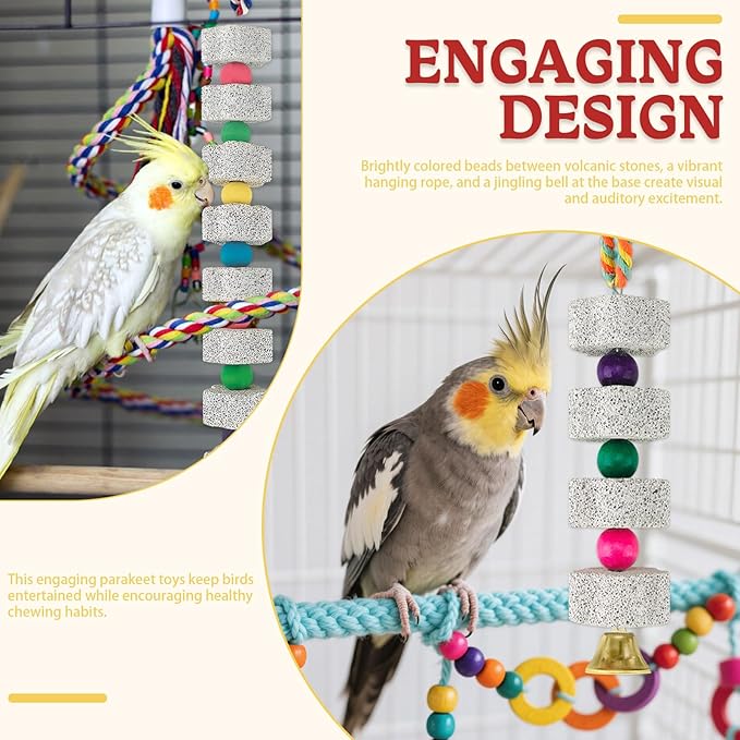 4 Pack Parrot Chewing Toys, Bird Beak Grinding Calcium Stone with Bell, Lava Mineral Block Cage Accessories for Parakeet Budgie Macaw Cockatoo Cockatiel Rat, Long+ Short
