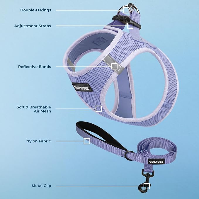 Best Pet Supplies Voyager Step-in Air All Weather Mesh Harness and Reflective Dog 5ft Leash Combo with Neoprene Handle, for Small, Medium and Large Breed Puppies - Lavender, XXXS