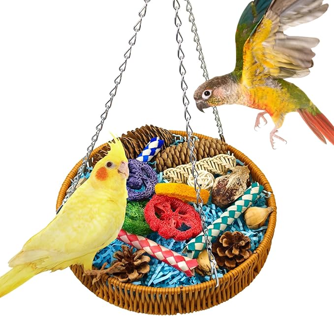 BNOSDM Rattan Bird Foraging Box 19 Pcs Natural Parrot Shredding Toys Boxes Colorful Bird Chewing Toy for Cockatiel Budgie Parakeet Conure Lovebird African Grey