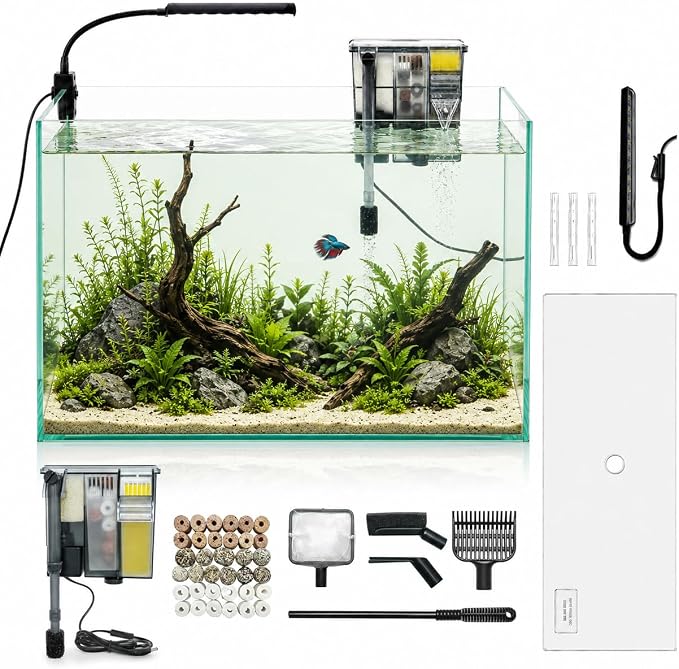 10-Gallon Ultra-Clear Glass Fish Tank Starter Kit, LED Light, Reusable 3-Stage Filter, Lid, Easy Maintenance Rimless Aquarium for Betta and Small Fish