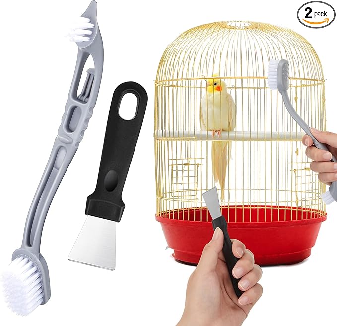 Teenyyou 2 Pack Bird Cage Cleaning Brush & Scraper Set - Stainless Steel Bird Droppings Removal Tool, Long Handle for Parrot Cages, Pet Cages & Perch