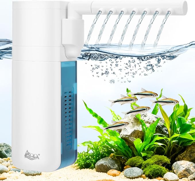 AQQA Aquarium Filter, 3W, 5-10 Gallon Tank | 79GPH Internal, Dual Water Outlet & Aeration, Crystal Clear Water, Submersible Pump & Filter System
