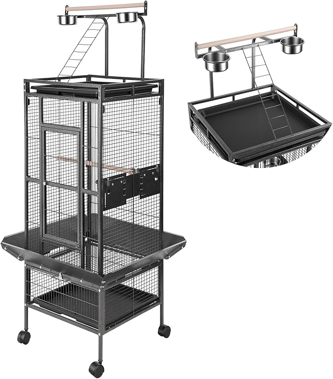 61" Large Parrot Cage with Rolling Stand, Wrought Iron Bird Cage for African Grey Macaw, Corner Design with Rooftop Play Area, Lockable Door & 360° Wheels, Heavy Duty Aviary Black