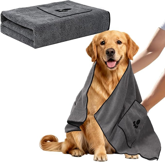 ATONET Microfiber Dog Towel with Two Pockets for Drying, 40"x23.6" Super Absorbent Pet Grooming Towel, Soft and Quick Drying for Large Dogs, Shower & Bath Supplies (Grey)