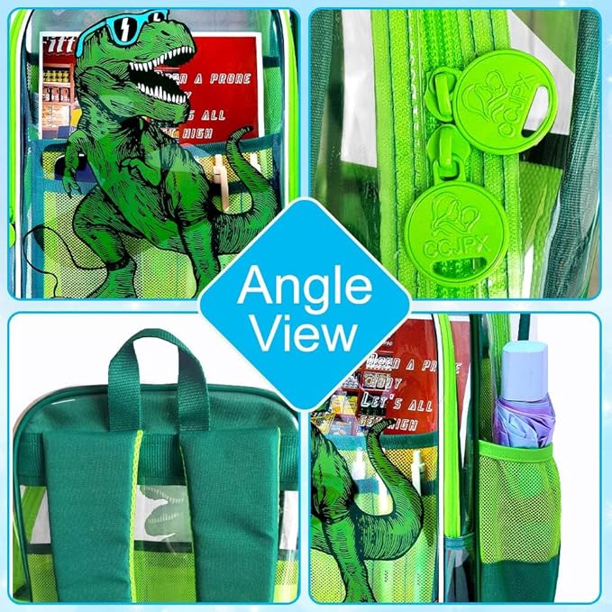 AGSDON 3PCS Clear Backpack for Boys, 16" Dinosaur Transparent Bookbag Heavy Duty, See Through Backpacks with Lunch Bag- Green Dinosaur