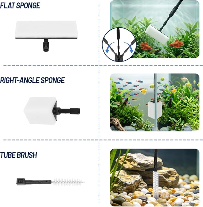 RUKANG Fish Tank Cleaner, 6 in 1 Aquarium Cleaning Tools Kit with 23~34 Inches Adjustable Long Handle Replaceable Blade Silicone Strip Algae Scraper Scrubber Brushes Set