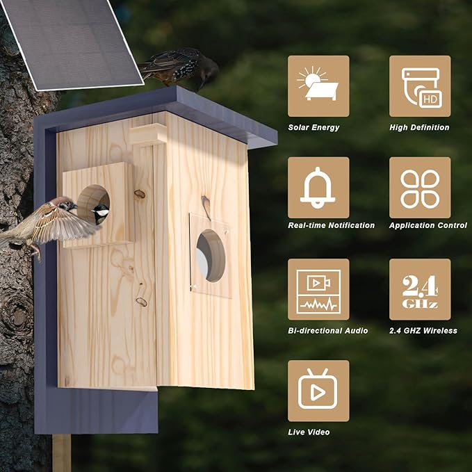Birdhouse Camera – Solar Powered 1080P/2K HD Smart Nest Box, 2.4G WiFi Live View, Night Vision, Real-Time Bird Watching & Hatching, Outdoor Garden Bird Nest, Ideal Gift for Bird Lovers