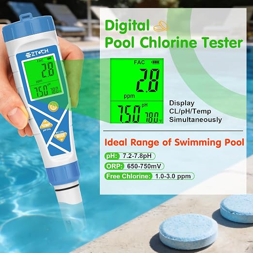 Pool pH Salt Chlorine Tester 8 in 1 Digital Salinity TDS EC ORP H2 | pH Chlorine for Salt Water Pool, Hot Tub, Hydroponic, Aquarium, Hydrogen Water Bottle, Simultaneously Display pH&CI-Temp