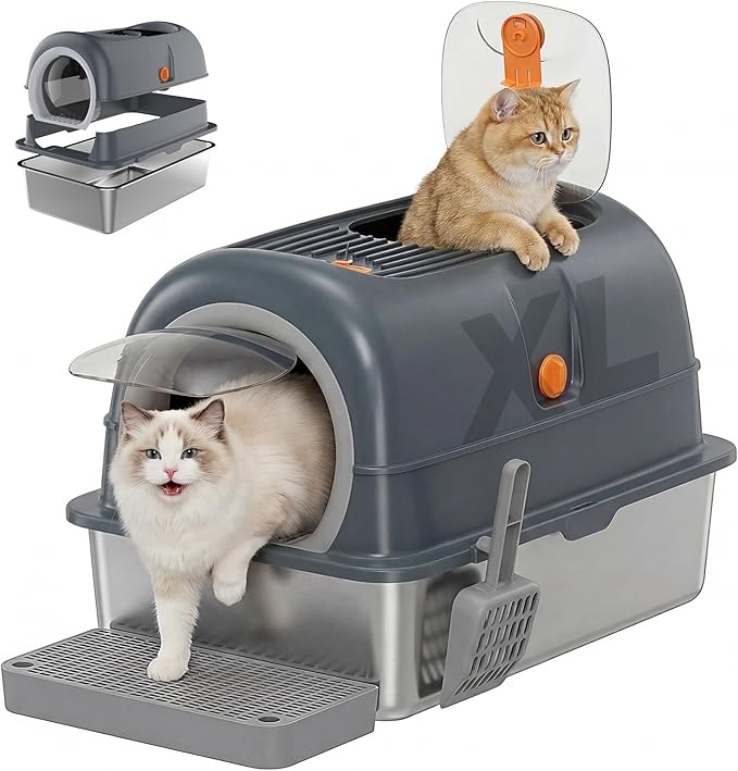 OLIXIS Stainless Steel Litter Box with Lid, Extra Large Enclosed Cat Litter Pan for Big Cats, High Sided Cat Box with Scoop & Mat, Front & Top Entry, Grey