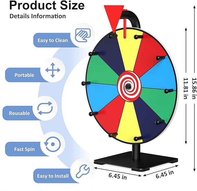 Facilife Spinning Wheel - 12 Inch Color Prize Wheel with Stand, Table Spinner for Trade Shows, Carnivals & Home Games