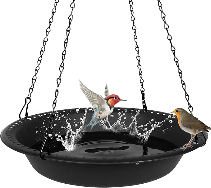 OVZILKI Bird Baths for Outdoors Heavy Duty, 16 inch BirdBath Bowl Only with Rust-Proof Black Chains, Hanging Bird Bath Hanging Bird-Feeder for Garden Backyard Decor (Black 1 Pack)