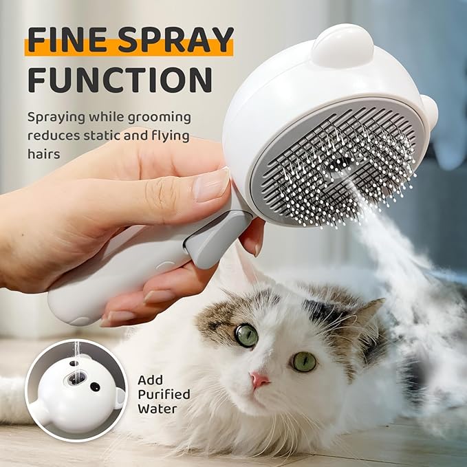 Pecait Cat Steam Brush, Self Cleaning Pet Spray Hair Removal Comb with Release Button, 3 in 1 Cat Brush for Indoor Cats for Shedding, Waterproof Pet Grooming Brushes for Long Short Haired Dogs Cats