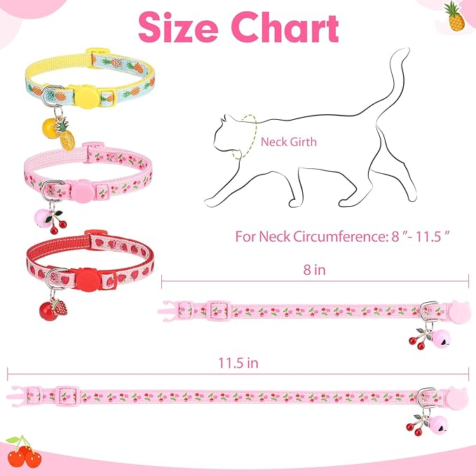 BINGPET Breakaway Cat Collar with Bell, 3 Pack Cat Collars for Girl Cats, Cute Kitty Collars Accessories with Pineapple & Cherry & Strawberry