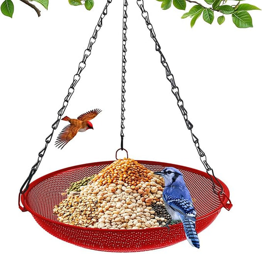 Hanging Bird Feeder for Outdoors – 12 in Platform Bird Feeder, Metal Mesh Seed Tray for Wild Birds, Red