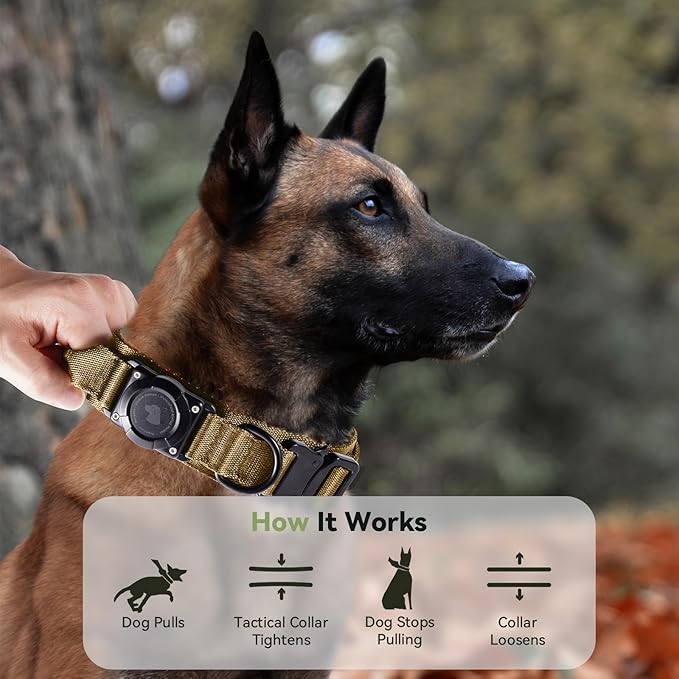 2026 Upgrade Waterproof AirTag Dog Collar, Military Tactical Dog Collar with AirTag Holder, Comfortable Control Handle and Metal Buckle, GPS Dog Collar Holder for Medium to Large Dogs (Khaki,L)
