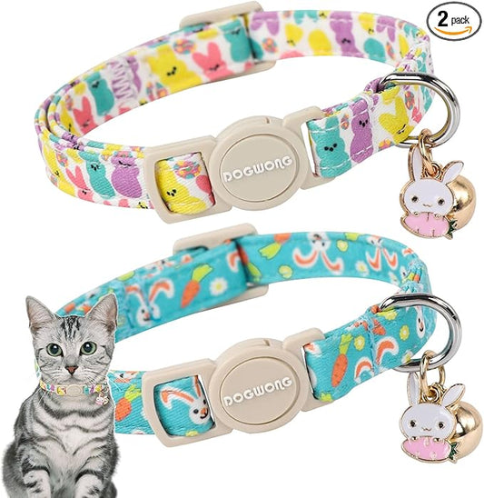 Cat Collar,2 Pack Easter Day Bunny Cat Collars Breakaway with Bell, DOGWONG Safety Buckle Cat Collar Rabbit Cat Collar for Girl Boy Cats，Adjustable 7-12 Inch