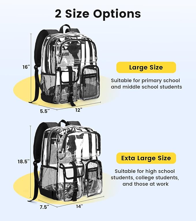 Vorspack Clear Backpack for School - Heavy Duty Transparent Bookbag for Girls Boys Large See Through backpacks for Work, College, Travel - Black