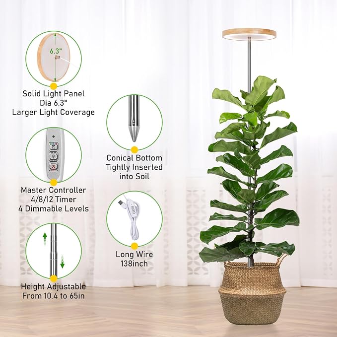 LORDEM Bamboo Grow Light for Indoor Plants, Full Spectrum LED | Height Adjustable, Auto Timer 4H/8H/12H, 4 Dimmable Levels, Ideal for Large Tall Plants