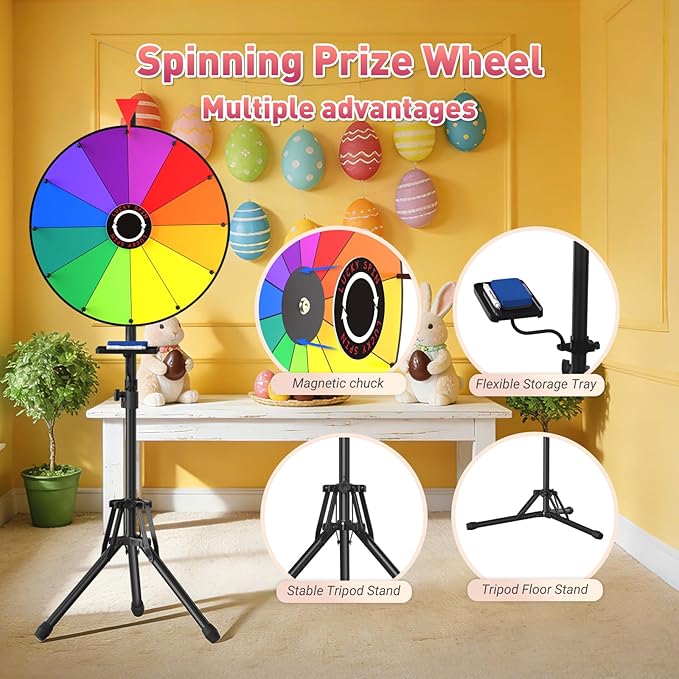 GSOW 20-Inch Spinning Prize Wheel, Adjustable 47"-61" Height Spin Game Storable Wheel with Stand, 12 Colors Wheel of Fortune for Carnival, Party, Classroom, Trade Show, Carnival Events