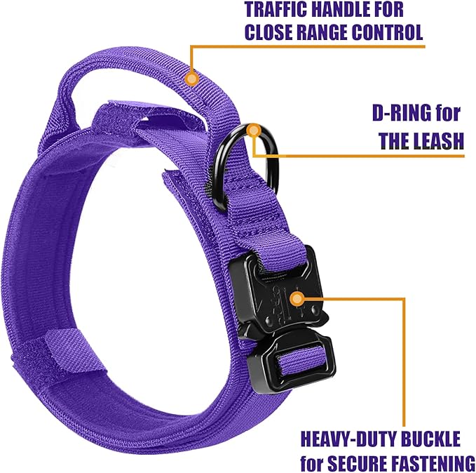 Celifelight Tactical Dog Collar Military Dog Collar Adjustable Nylon Dog Collar Heavy Duty Metal Buckle with Handle for Dog Training,with Patches(Purple, M)