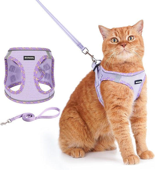 Rttochfy Cat Harness and Leash Set, Escape Proof Kitten Harness, Soft and Breathable Vest with Reflective Strip, Easy to Wear for Cats Walking and Traveling (Purple, XS)