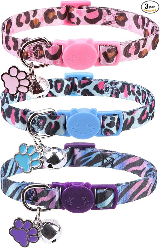 SCENEREAL Breakaway Cat Collar with Bells, Safety Buckle Soft Adjustable Cute Cats Collars for Summer, Kitten Puppy Personalised Leopard and Tiger Print Collars for Dogs Girl Boy