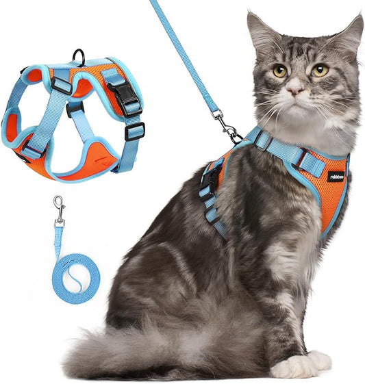 rabbitgoo Cat Harness and Leash Set, Escape Proof Soft Adjustable Vest Harnesses for Outdoor Walking, Easy Control Breathable Kitten Jacket with Reflective Strips, Orange & Light Blue, M