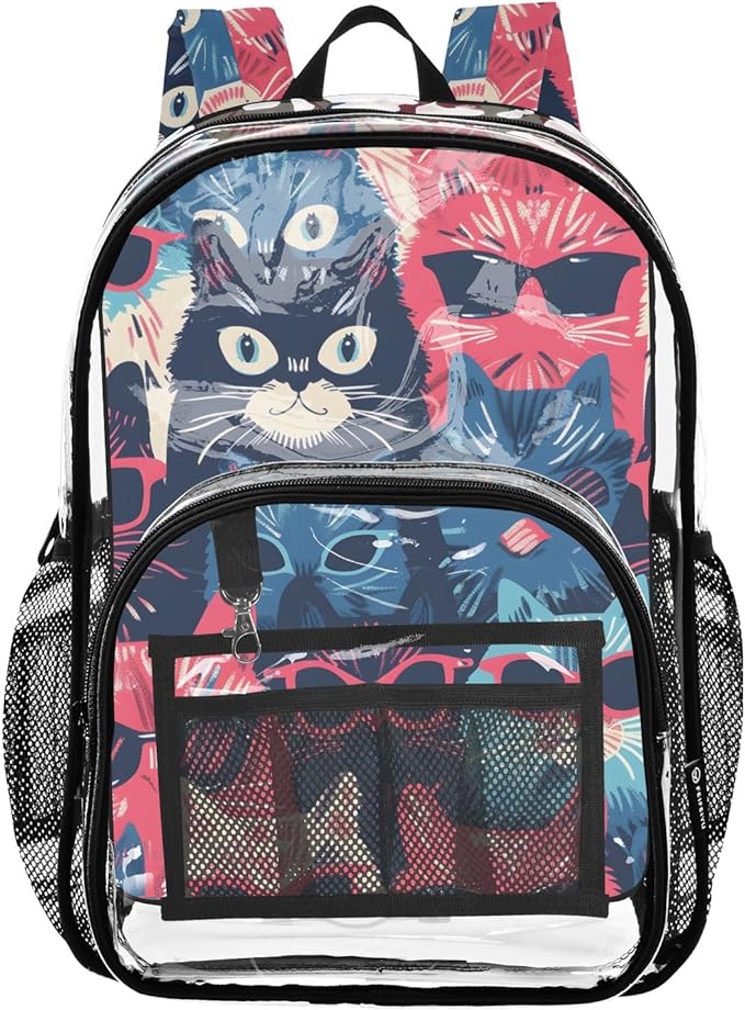 Bolaz Clear Backpack for School Cats Wear Glasses Transparent Bookbag for Girls See Through PVC Boy Backpacks