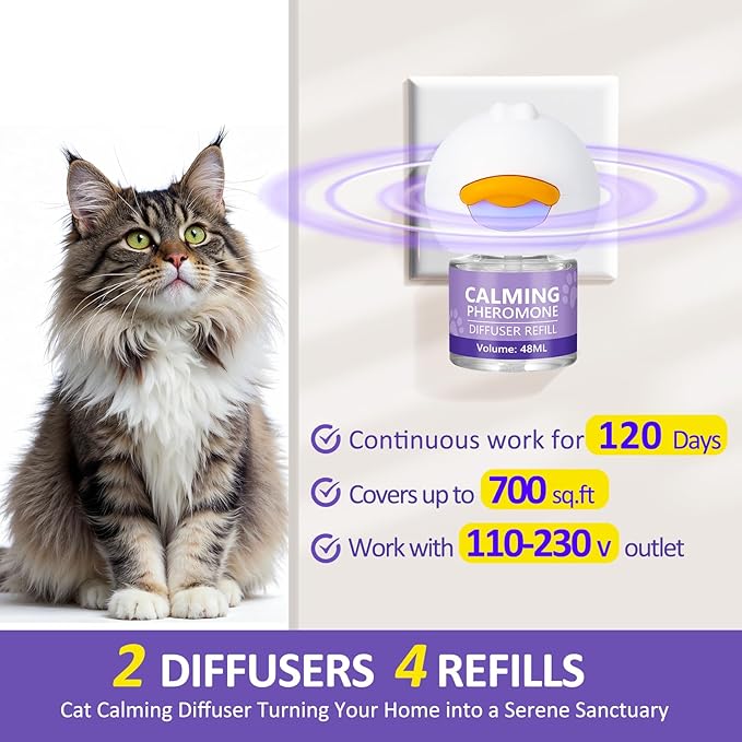 OcePor Cat Calming Diffuser 4 Refill Solutions, 2 Plugs- Cat Pheromones Calming Diffuser Refill, Pheromone Diffuser to Calm Cats, Cat Anxiety Relief