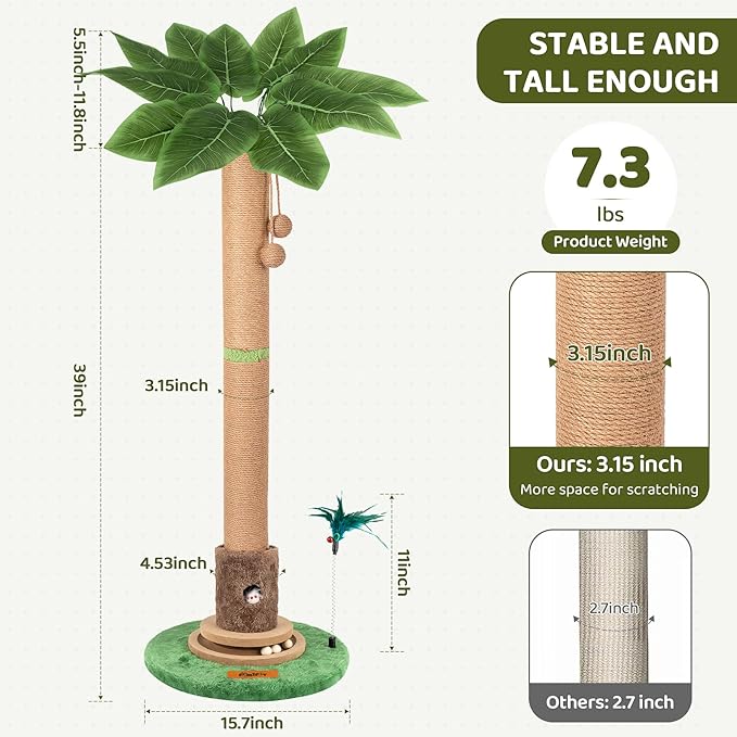 Cat Scratching Post, Famifit 39" Nature Sisal Cat Scratch Post for Indoor Cats, Large Cat Scratcher with Cat Toy Mouse Hole & Interactive Wooden Ball for Kittens Adults Cats