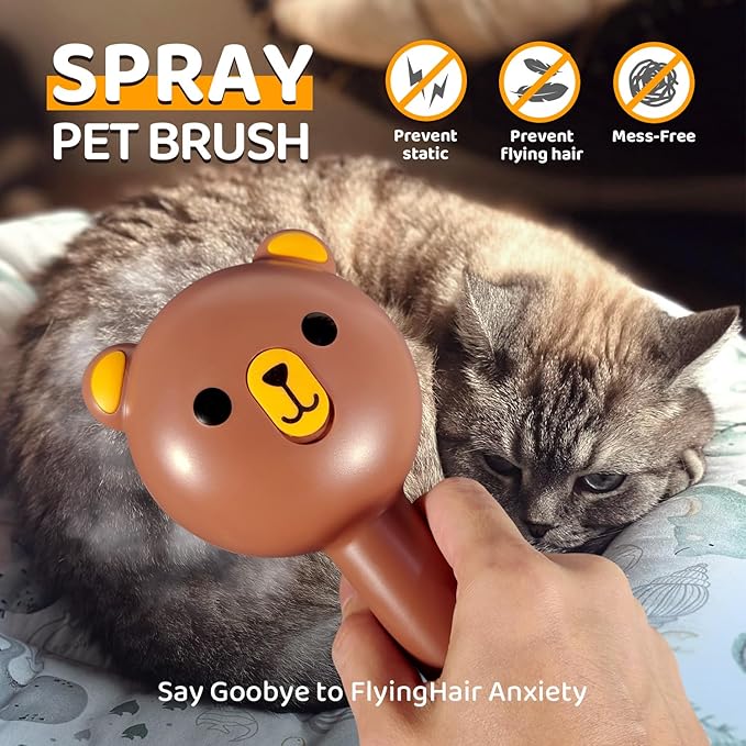Pecait Cat Steam Brush, Self Cleaning Pet Spray Hair Removal Comb with Release Button, 3 in 1 Cat Brush for Indoor Cats, Waterproof Pet Grooming Brushes for Long Short Haired Dogs Cats（Brown）