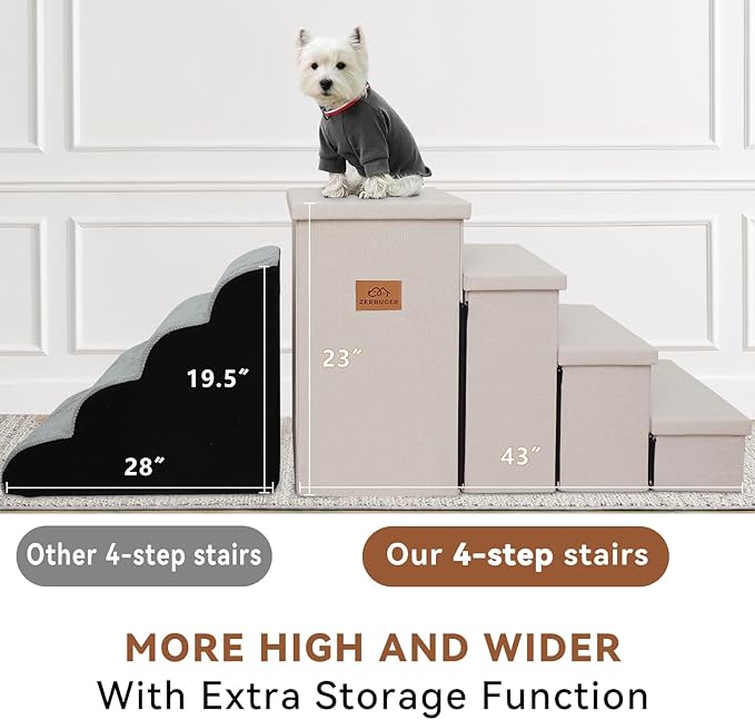 Zerbuger Dog Stairs with Storage 23" H, 4-Step Wider Dog Steps for High Beds Window, Folding Sturdy Pet Stairs Gift for Small/Medium/Large Old Dogs Cat, Ramp for Climbing Car Up to 200 lbs, Beige