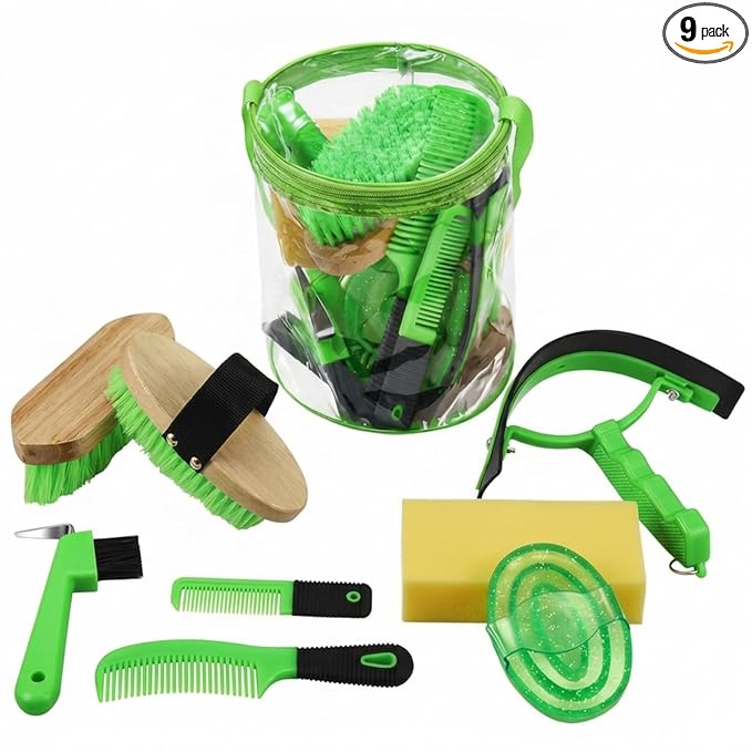 Cunhill 9 Pcs Horse Grooming Kit Tack Room Supplies Set with Tote Bag, Oval Massage Curry, Hard and Soft Brush, Hoof Pick, Sweat Scraper, Bathing Sponge, Comb for Horse Rider(Cute,Green)