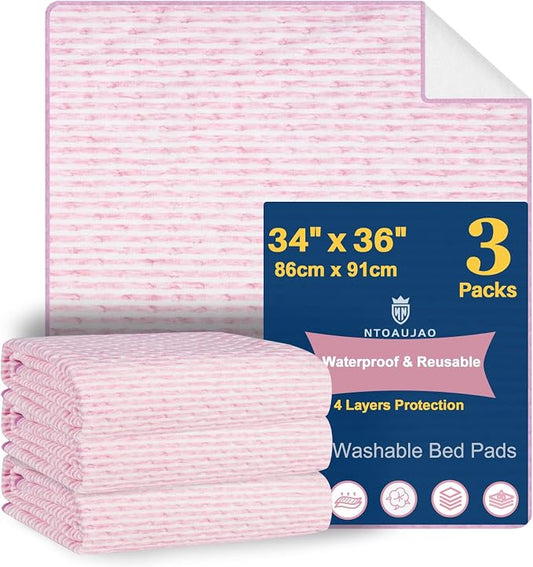 Bed Pads for Incontinence Washable, 3 Packs 36x34 Inch Reusable Waterproof Soft Wetting Pee Underpad for Adults, Elderly, Seniors, Women, Kids & Pets, Machine Washable Pad for Bed, Sofa-Pink