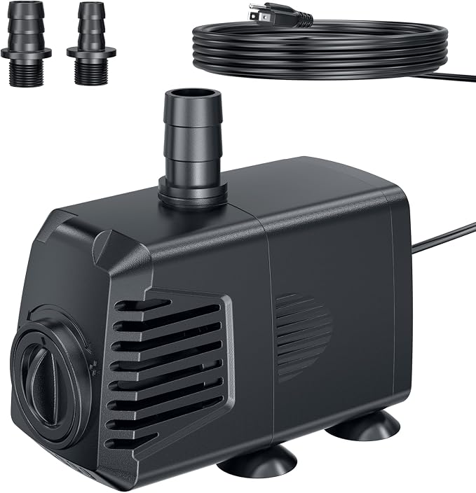 400GPH Submersible Pump(1500L/H, 24W), Ultra Quiet Fountain Pump with Over Heating Protection & Filter Sponge 6.6ft High Lift for Pond, Fish Tank, Aquarium, Hydroponics, Waterfall Q103
