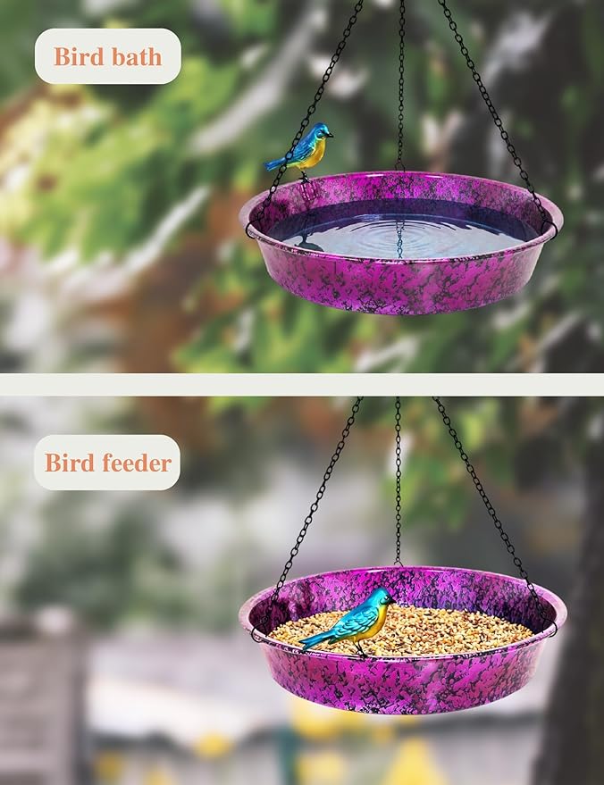 Hanging Bird Bath for Outside, 11.5” Metallic Purple & Blue Metal Birdbath Bowl & Feeder with Black Chain Outdoor Garden Yard Decor