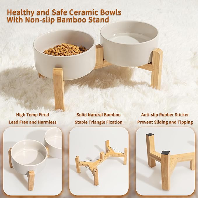 Elevated Ceramic Dog Bowl Set - Raised Dog Bowls with Non-Slip Bamboo Stand - Dog Food and Water Bowl Set - Double Dog Feeding Bowls - Suitable for Small and Medium Dogs - 3.6 Cups