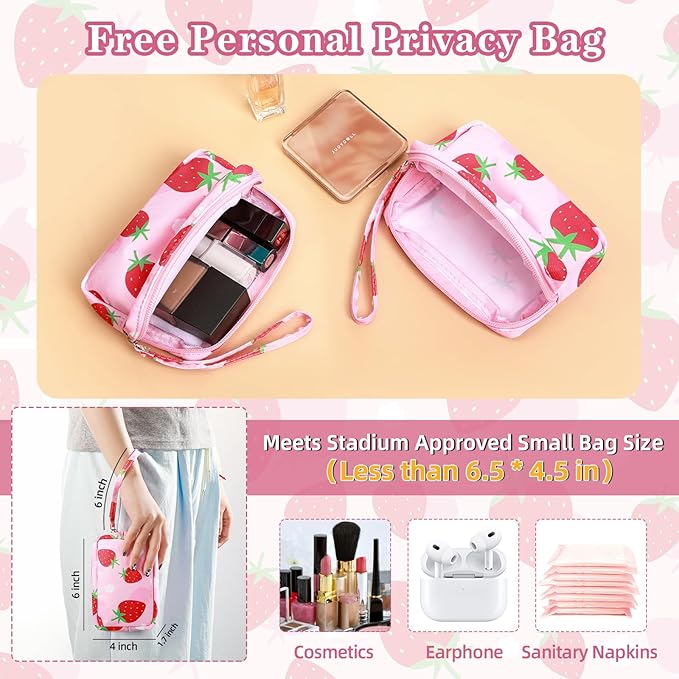 Mini Clear Backpack for Stadium Approved 12x6x12, Small Transparent Backpacks Plastic See Through Clear Bag for Kids Girls Women for Sporting Event, Concerts, Work, Festival (Strawberry)