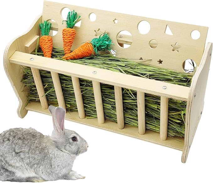 Hamiledyi Wooden Small Animal Hay Feeder - Rabbit, Guinea Pig, Chinchilla Cage Accessory, Hay Saver Rack & Dispenser for Small Pets