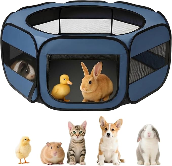 UWE Extra Large Small Animal Playpen, XL Portable Pet Playpen for Rabbit, Kitten, Guinea Pig, Hamster, Puppy – Waterproof Foldable Mesh Tent with Zipper Cover, Indoor Outdoor Use, Blue