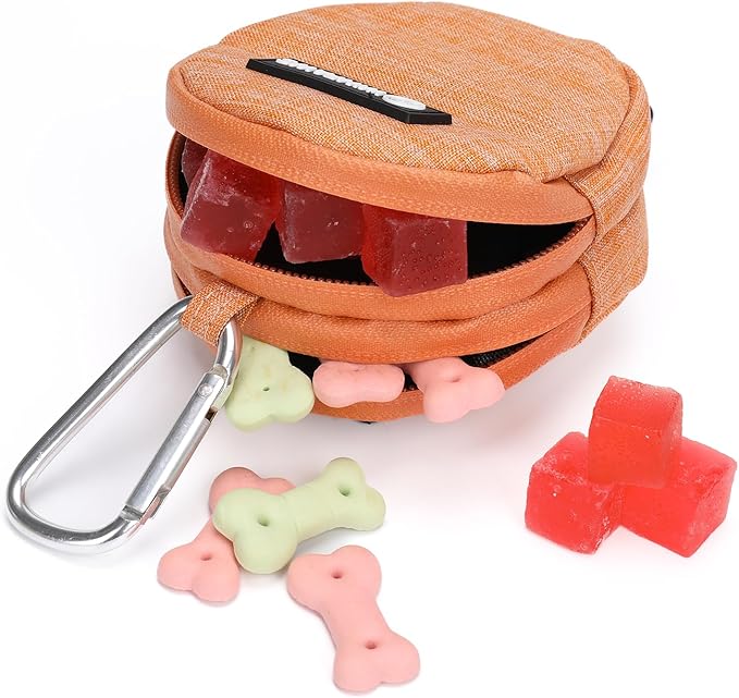 Dog Poop Bag Holder for Leashes- Dog Treat Pouch with Waterproof Zipper,Puppy Training Small Bag with Carabiner & Bungee Toggle,Two Pockets for Dry or Wet Treats-Pet Travel Walking Essentials (Orange)