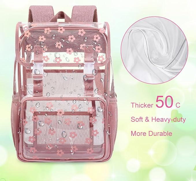 17" Plum Blossom Clear Backpack for Girls - 3Pcs Flip Design Stadium Approved Set, Campus/School Transparent Bookbag (Pink)