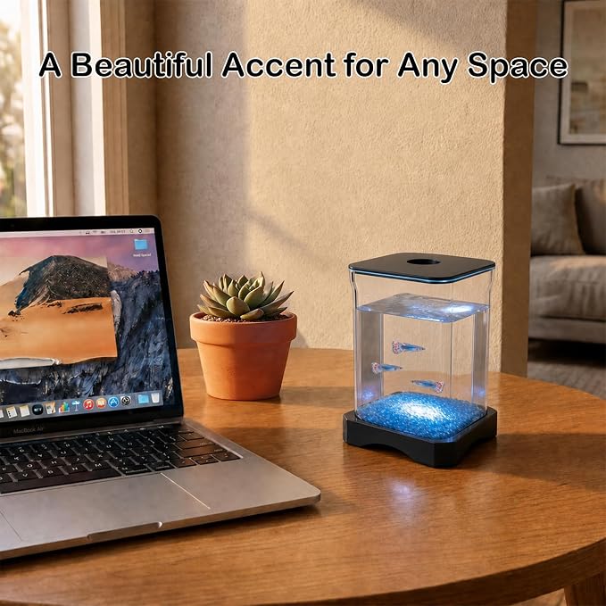0.5 Gallon Betta Fish Tank Aquarium Starter Kit with Light and Lid(Black) | Premium Acrylic Aquarium with Light and Lid, Crystal Clear Starter Kit for Betta Fish, Shrimp, Snails and Small Fish