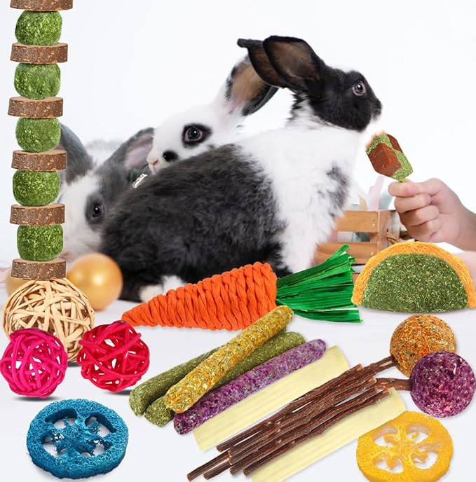 YIXUND Rabbit & Guinea Pig Toys - Natural Timothy Hay & Apple Wood Sticks for Teeth Care - Handmade for Hamster, Bunny, Chinchilla (27 Pcs)