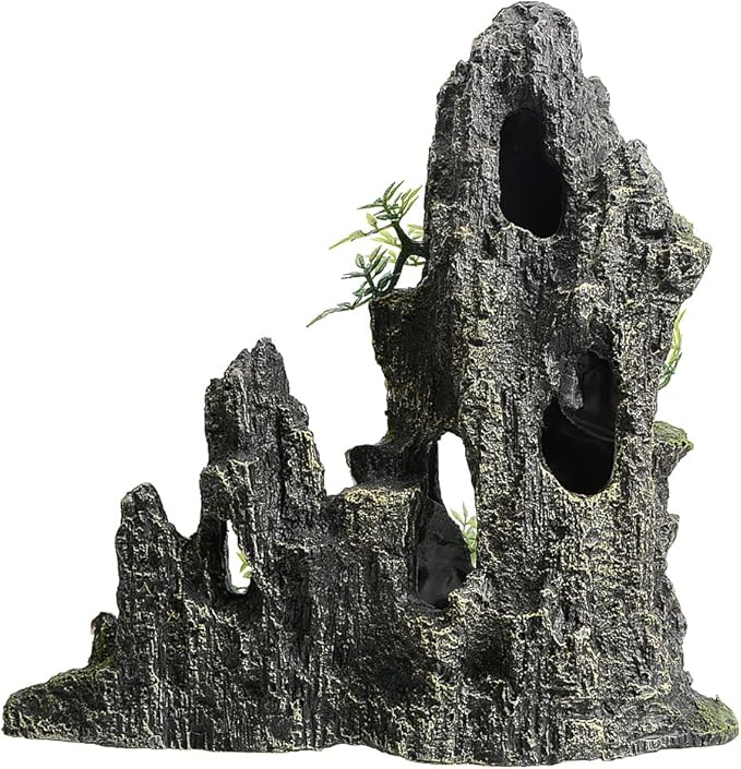 Saim Large Aquarium Mountain View Stone 11.02" Tall Resin Cave Ornament – Betta Hideout with Artificial Plants, for Cichlids Goldfish, Multi-Cave Aquascape Fish Tank Accessories
