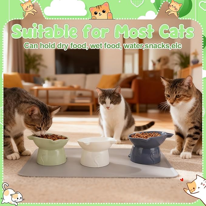3 Pcs Elevated Cat Bowls 15°Raised Cat Food Bowl with Silicone Mat Whisker Friendly Anti Vomiting Cats Dishes Pet Food and Water Bowls for Indoor Cats Kittens Classic 3 Colors