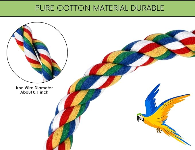 DS. DISTINCTIVE STYLE Bird Rope Perches Set of 2 Pieces (33 in+16 in), Colorful Cotton Rope for Birds, Bungee Style Perch Ideal for Parrots, Cockatiels, Lovebirds, and Budgies