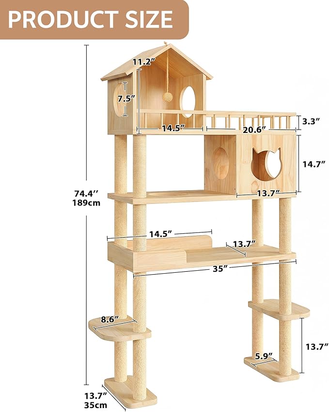 Wood Cat Tree for Automatic Litter Box, 74.4" Tall Cat Tower for Self Cleaning Litter Box, Cats Tree for Indoor Cats Large Adult, 5-Level Solid Wood Cat Furniture w/Scratching Post, House
